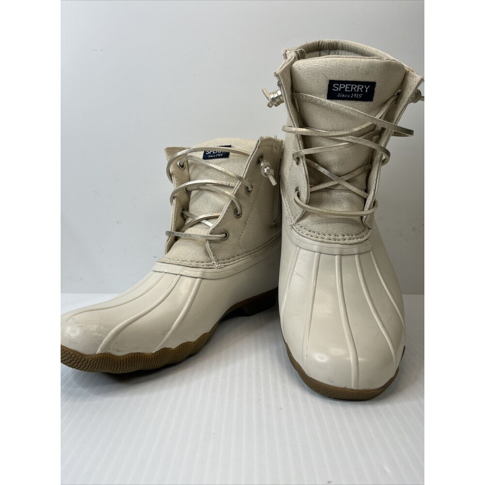 Sperry  Saltwater Waterproof Duck Boots Ivory Cream Metallic Gold Size 5M